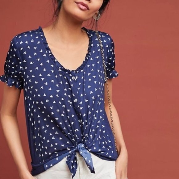 Anthropologie Dolan Bird Patterned Sydney Ruffled Tee Button Down Blouse‎ Size S - Picture 1 of 7